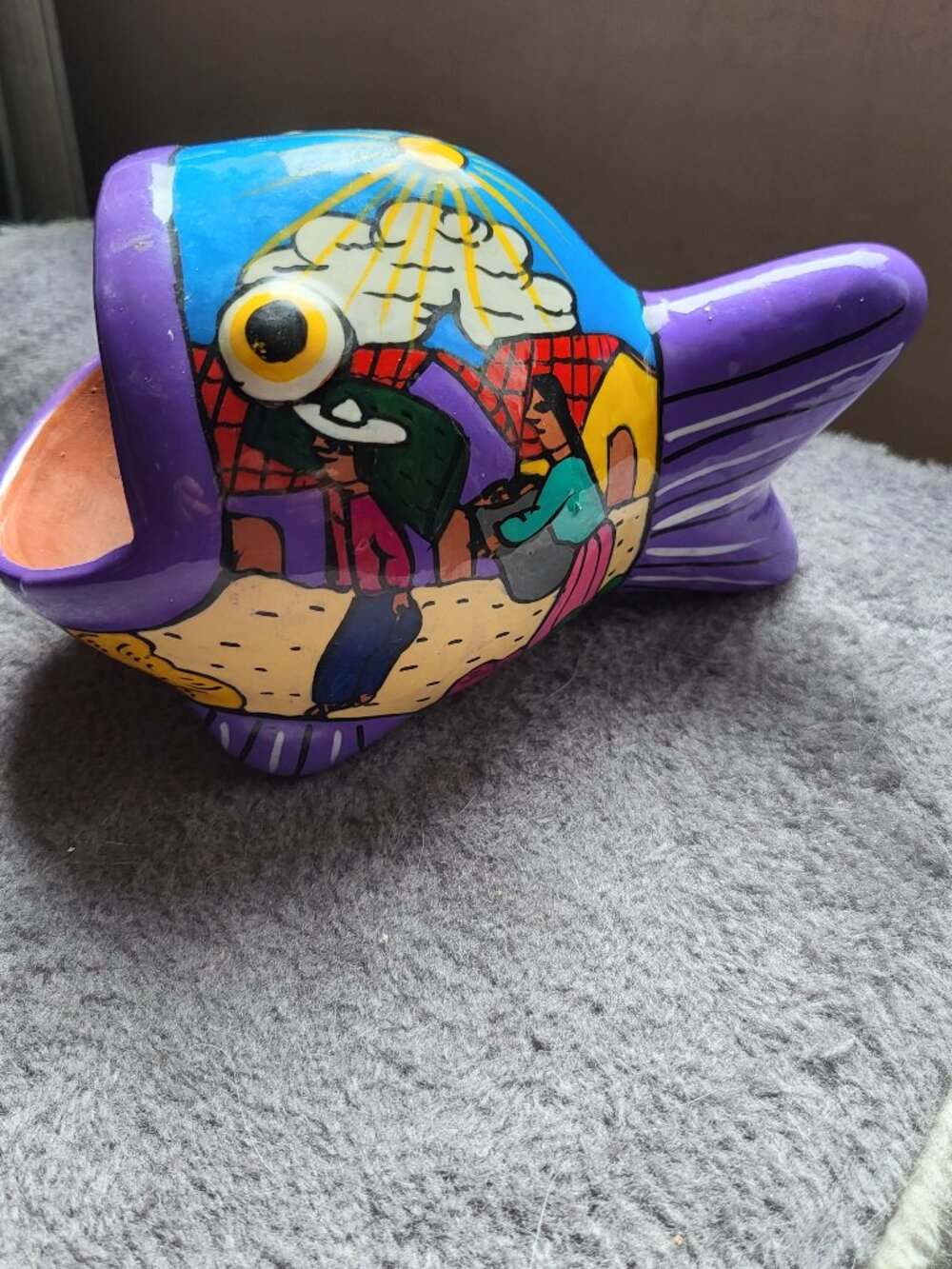 Mexican FolkArt Hand Painted TerraCotta Big Mouth Fish Sponge Trinket Holder BB